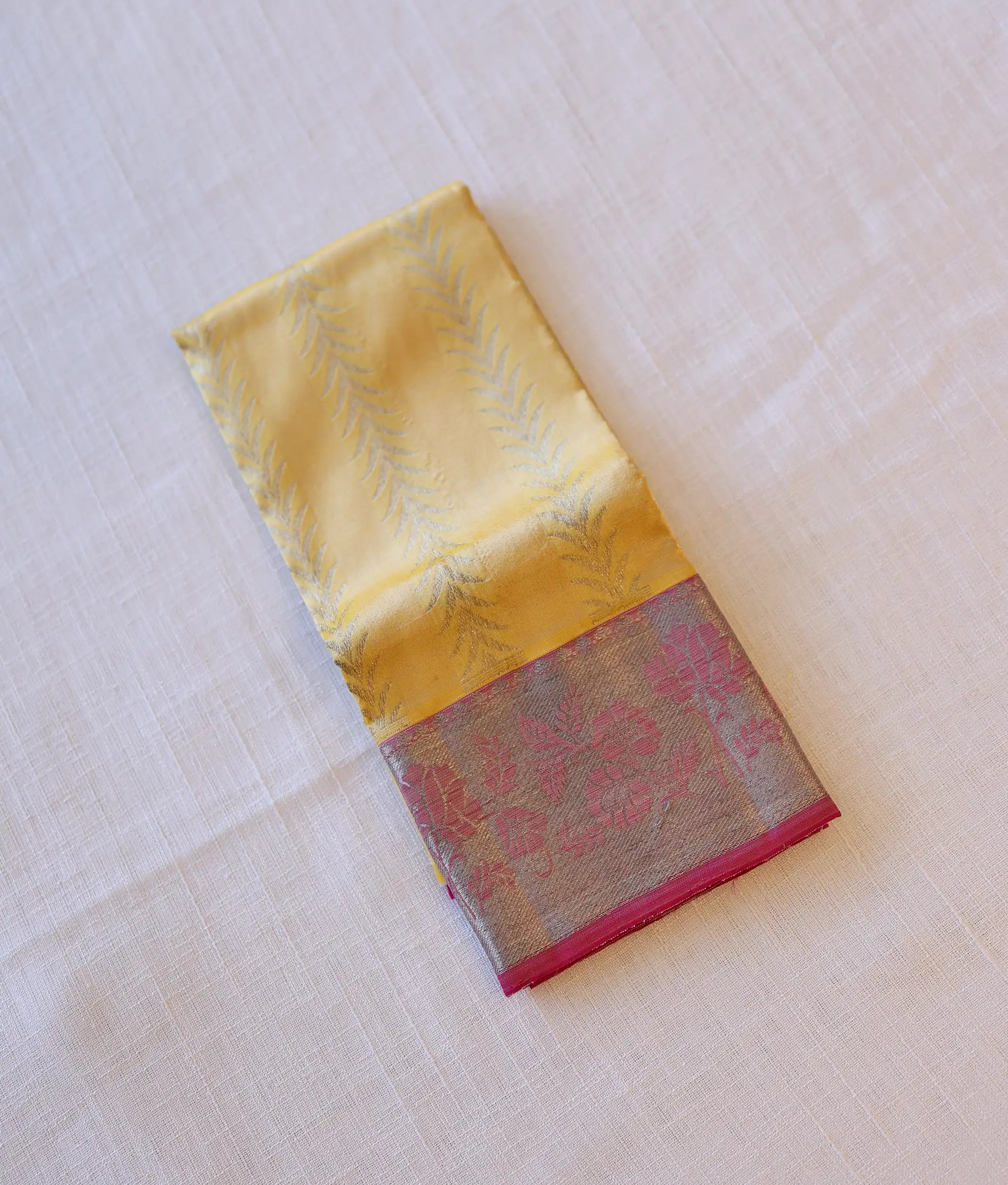 Yellow and Magenta Pure Kanchipuram Silk Unstitched Fabric for Pattu Pavadai [KP1003]