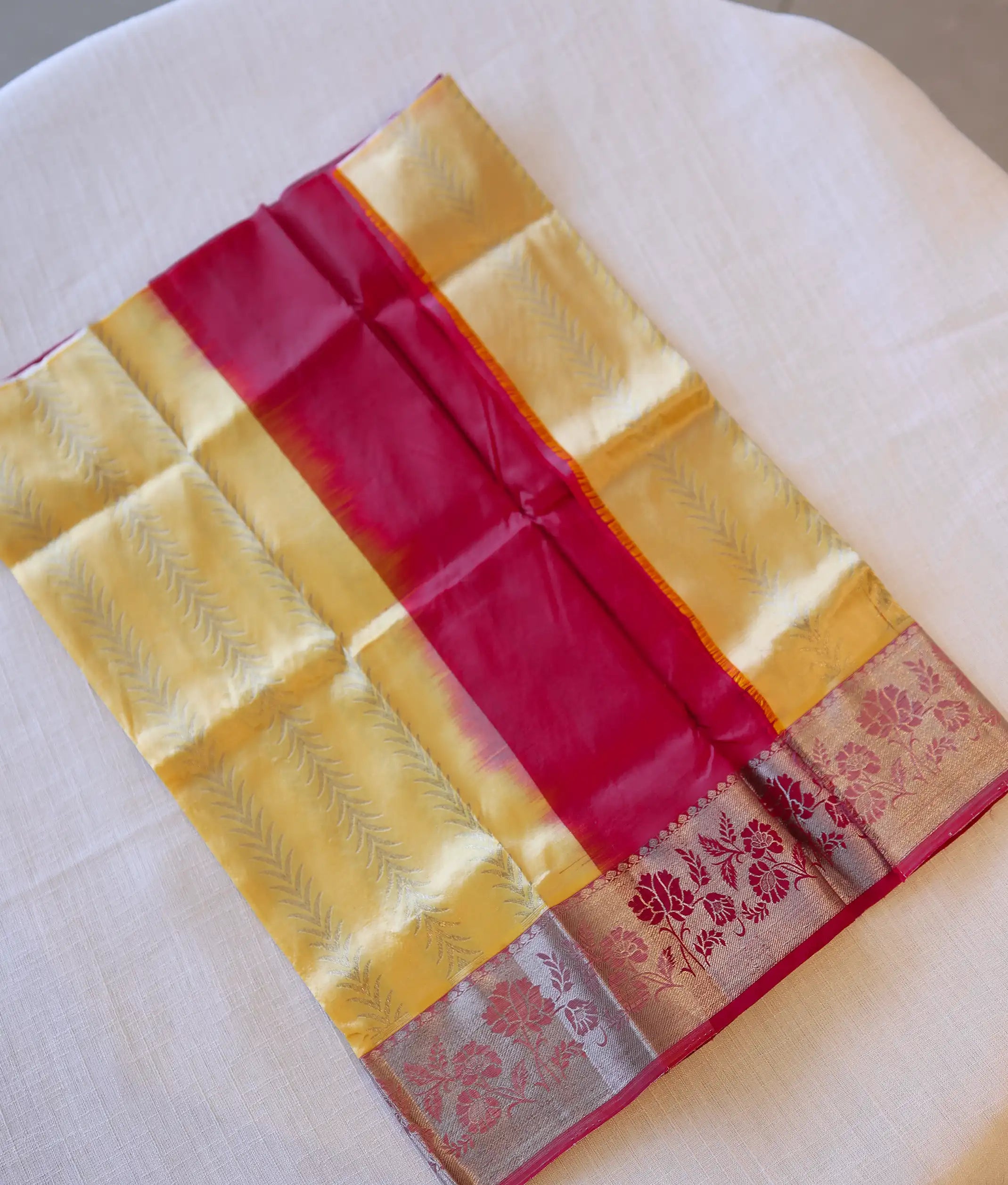 Yellow and Magenta Pure Kanchipuram Silk Unstitched Fabric for Pattu Pavadai [KP1003]