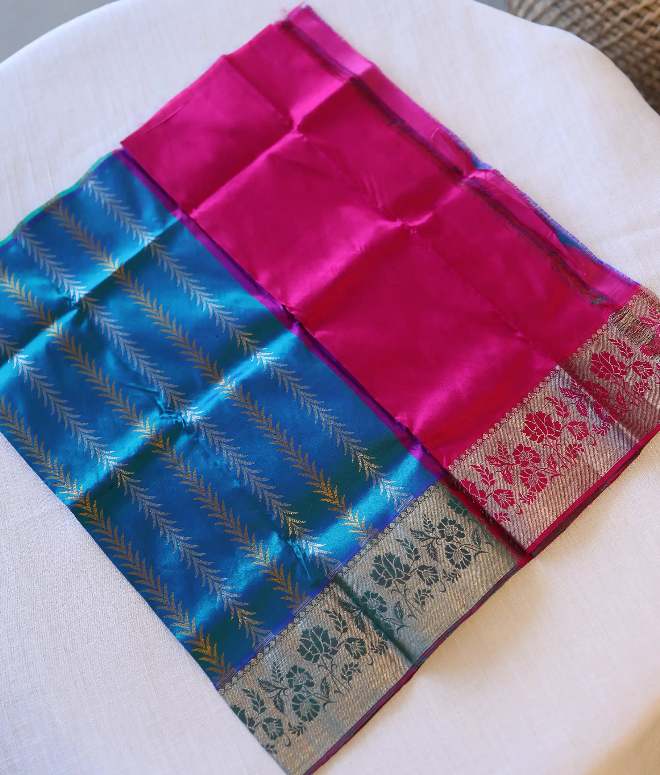 Hot Pink and Blue Pure Kanchipuram Silk Unstitched Fabric for Pattu Pavadai [KP1002]