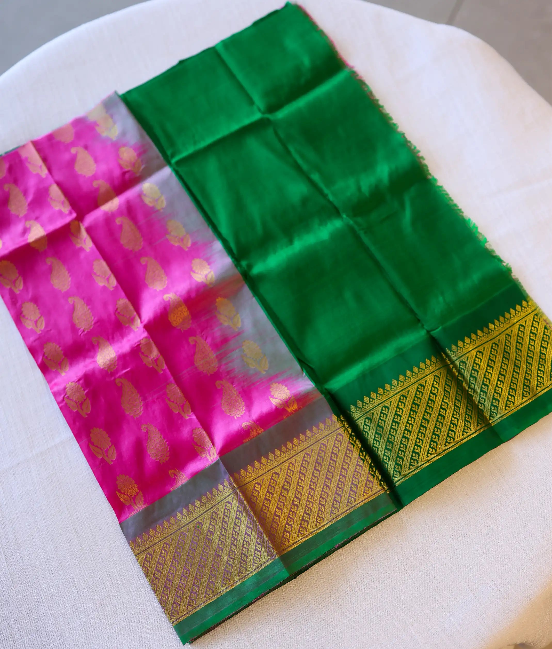 Pink and Green Pure Kanchipuram Silk Unstitched Fabric for Pattu Pavadai [KP1004]