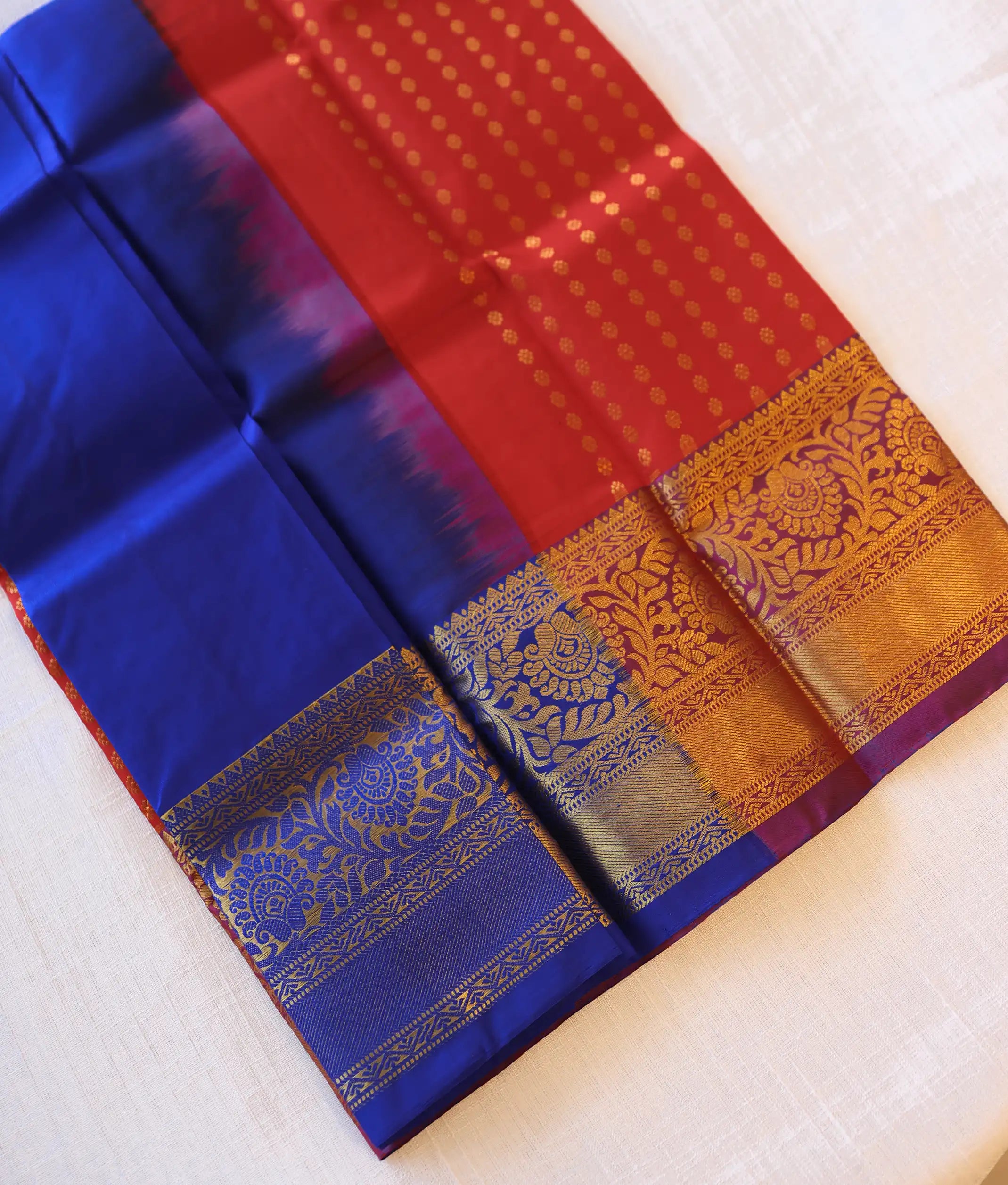 Red and Royal Blue Pure Kanchipuram Silk Unstitched Fabric for Pattu Pavadai [KP1005]