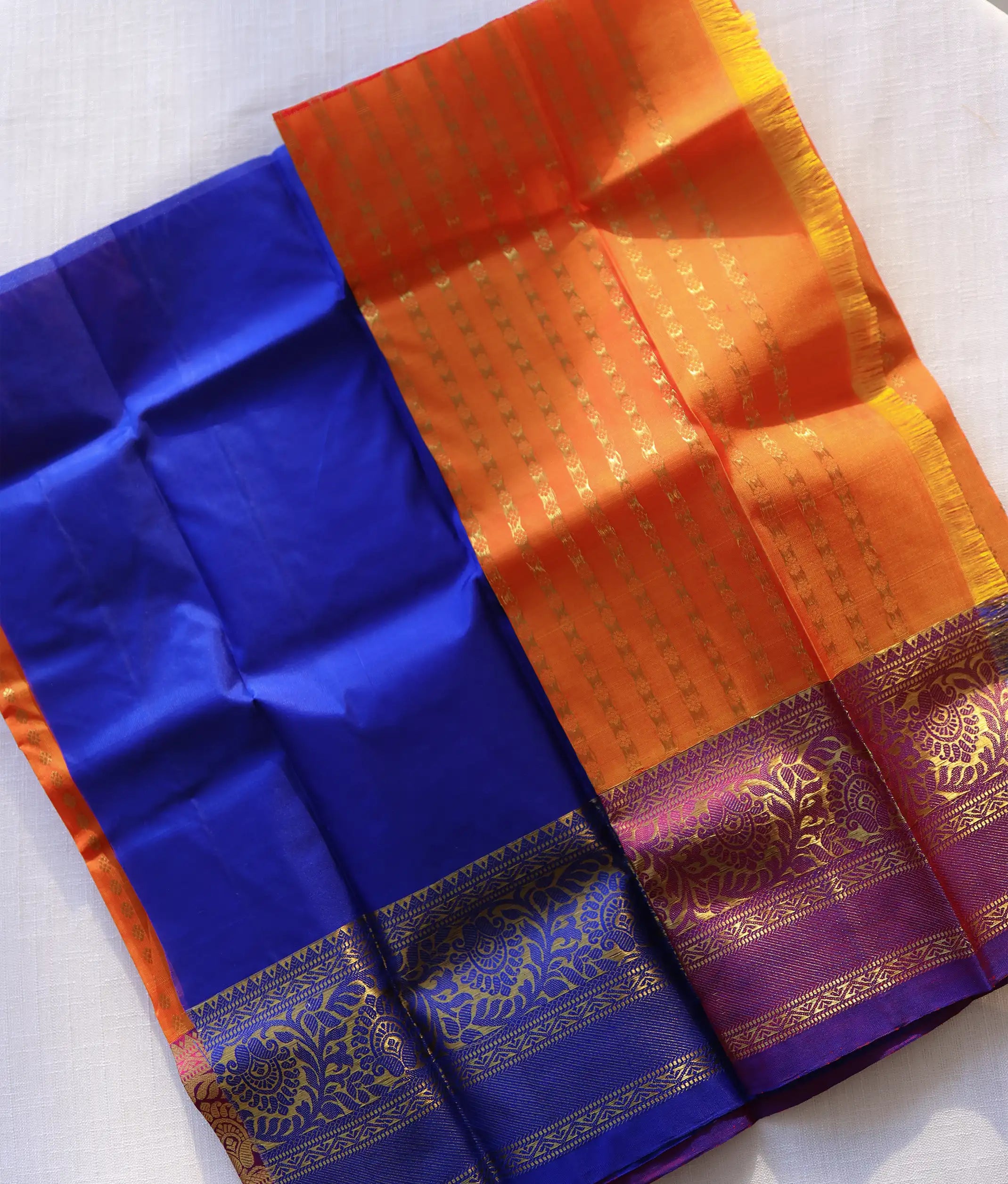 Orange and Royal Blue Pure Kanchipuram Silk Unstitched Fabric for Pattu Pavadai [KP1006]