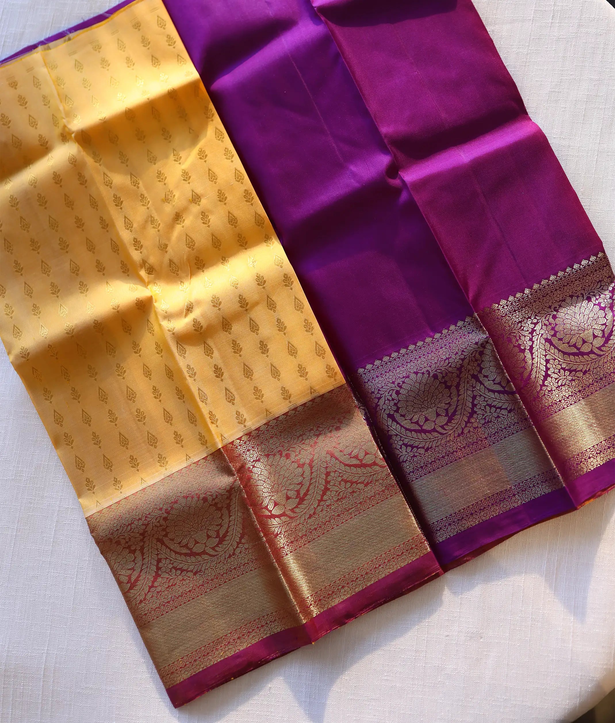 Yellow and Purple Pure Kanchipuram Silk Unstitched Fabric for Pattu Pavadai [KP1007]