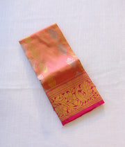 Hot Pink and Peach Pure Kanchipuram Silk Unstitched Fabric for Pattu Pavadai [KP1010]