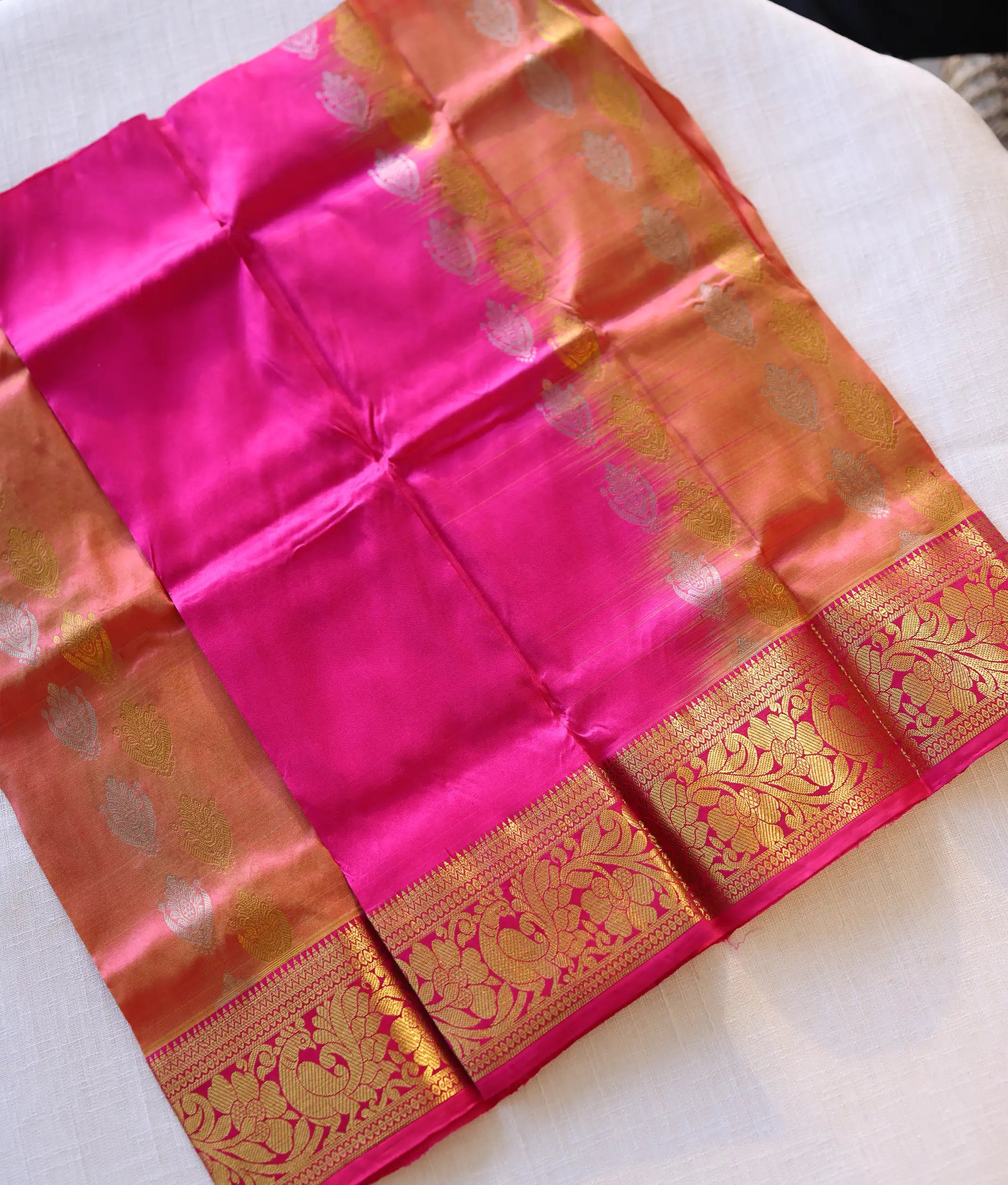 Hot Pink and Peach Pure Kanchipuram Silk Unstitched Fabric for Pattu Pavadai [KP1010]