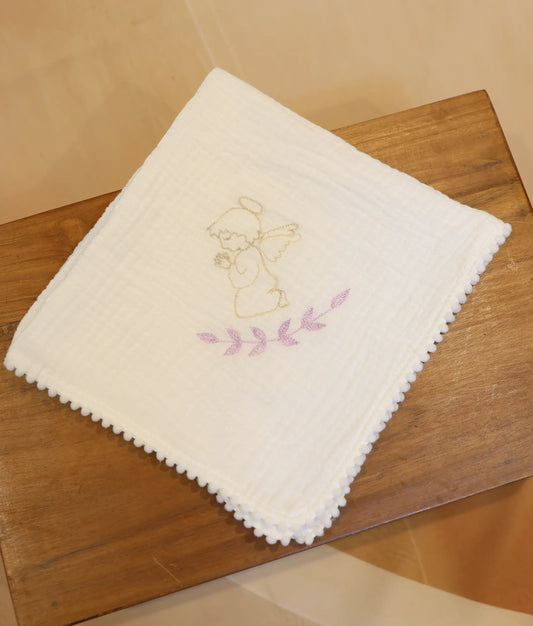 Front view of an off-white angel embroidery cotton baptism towel.