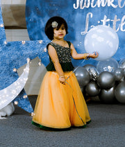Bottle Green Tulle Net Handworked Top WIth Yellow Full Length Skirt [863A]