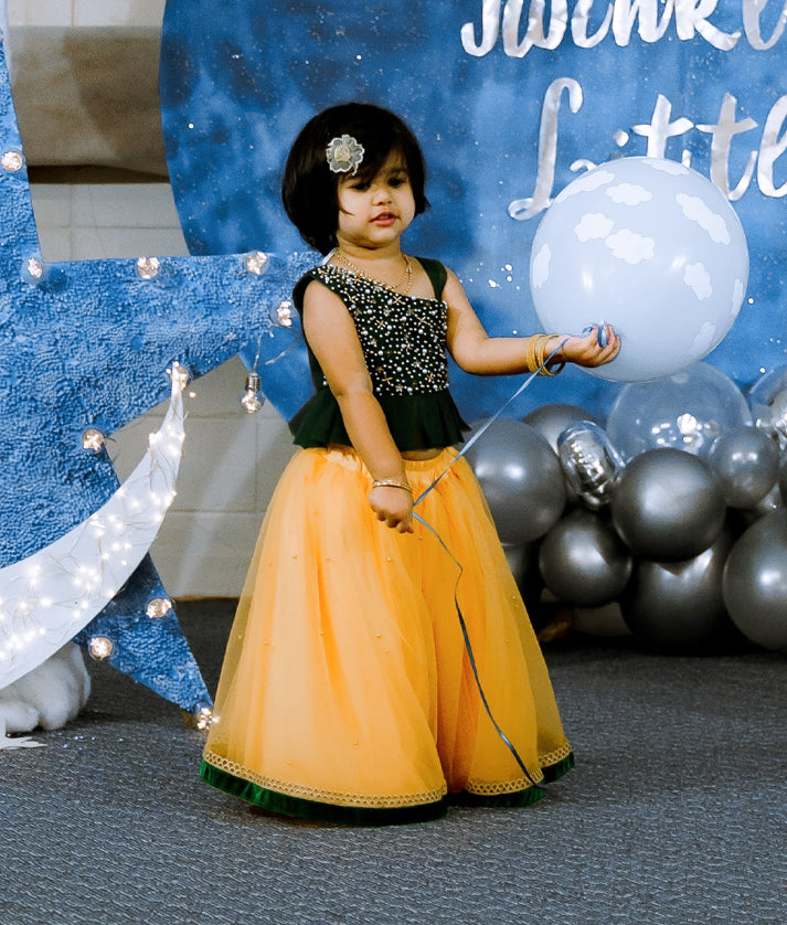 Bottle Green Tulle Net Handworked Top WIth Yellow Full Length Skirt [863A]