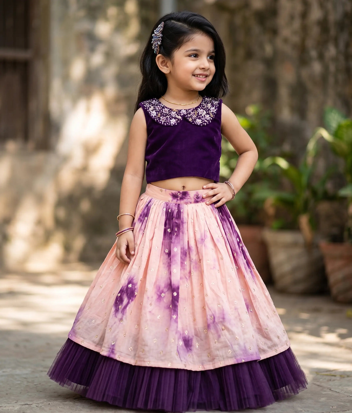 Grape Wine Tulle Net Handworked Top With Chanderi Full Length Skirt For Diwali [2036]