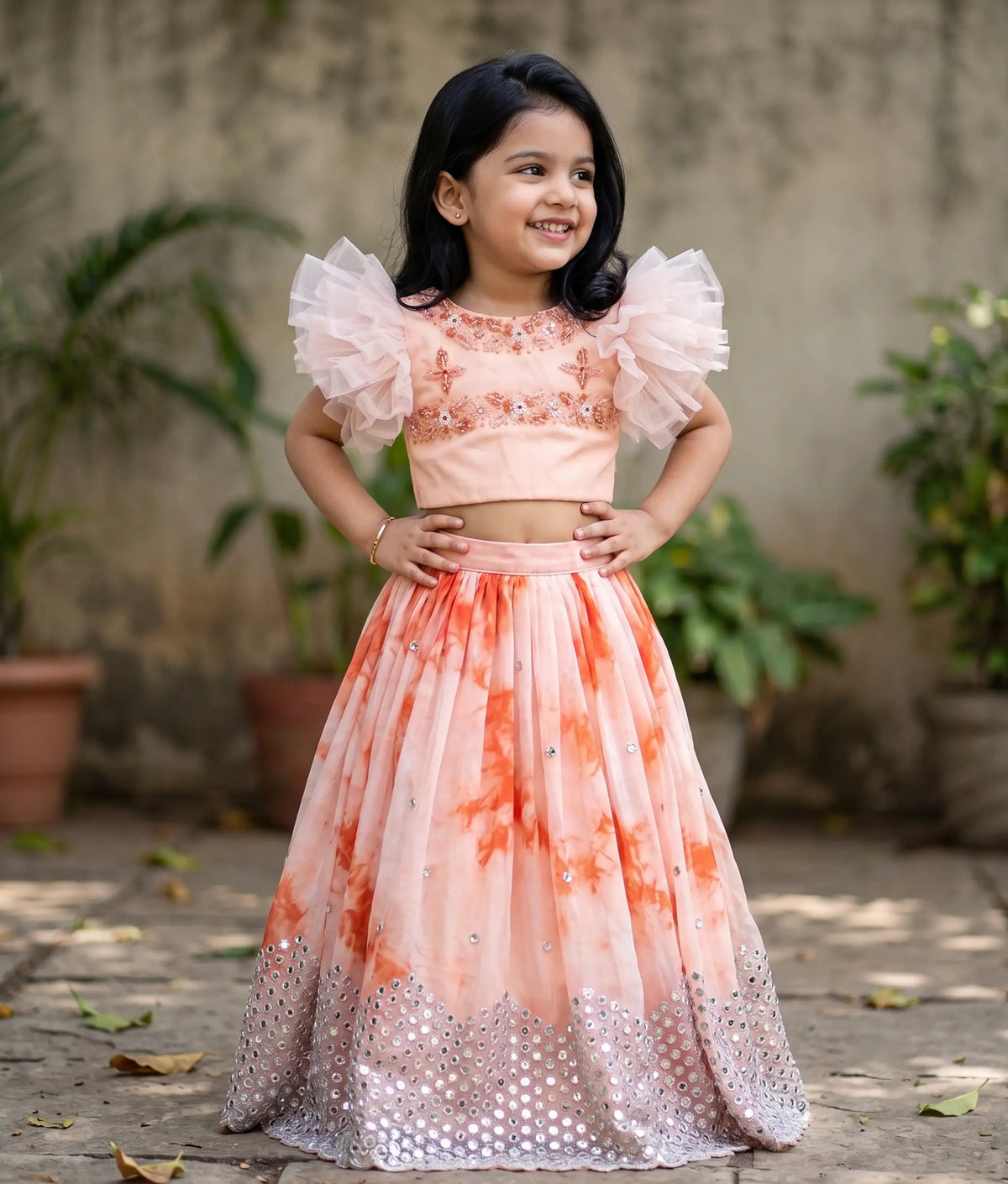 Pastel Peach Tulle Net Handworked Top with Organza Full Length Skirt [2037]
