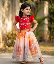 Red Handwork Top with Full Length reflective Organza Skirt For Diwali/Pongal [2038]