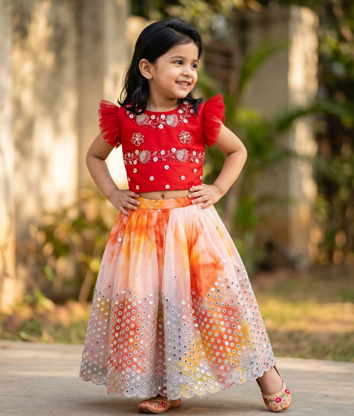 Red Handwork Top with Full Length reflective Organza Skirt For Diwali/Pongal [2038]