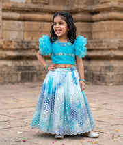 Ocean Blue Tulle Net Handworked Crop Top with Organza Full Length Skirt For Baby Girl [2041]