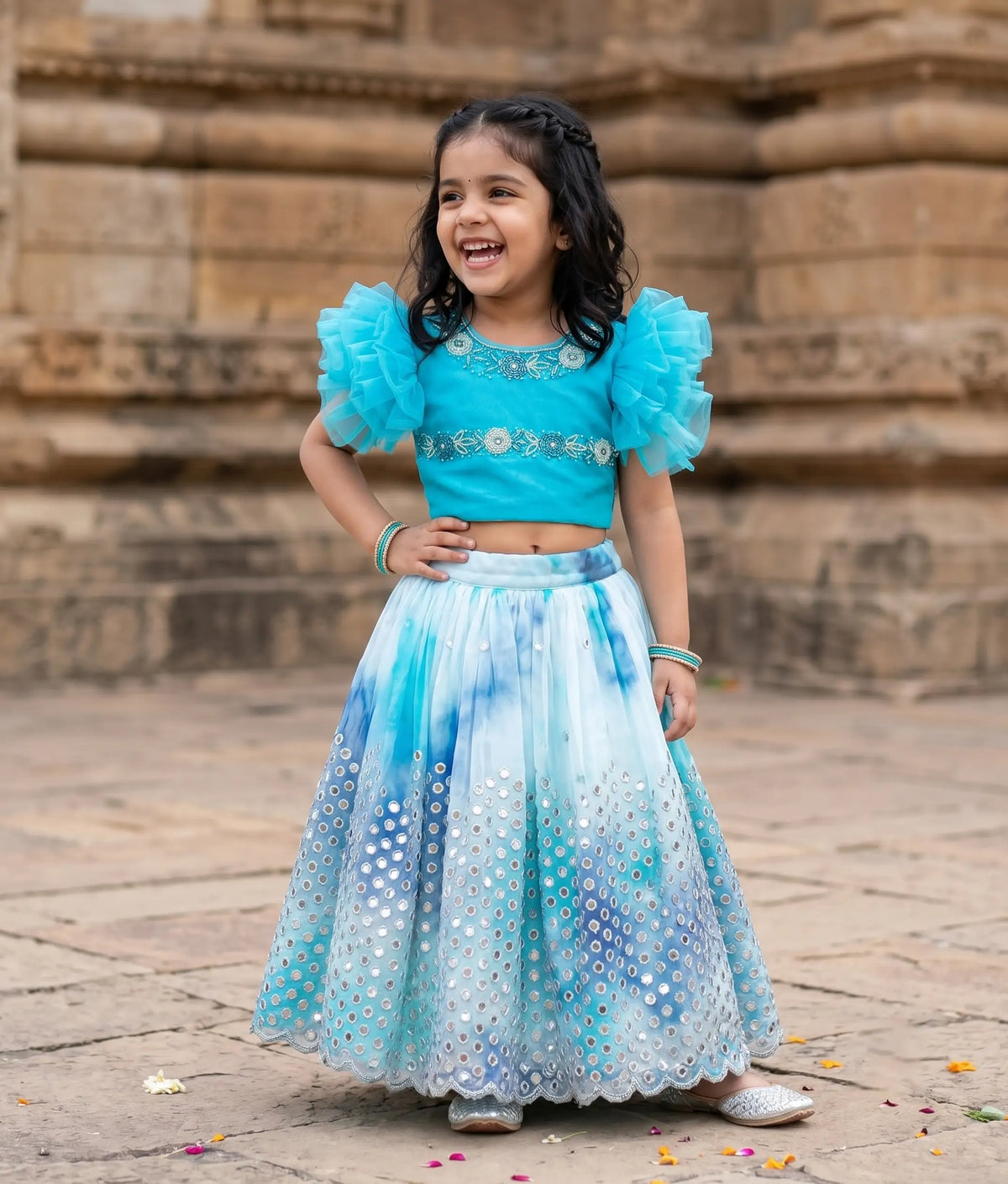 Ocean Blue Tulle Net Handworked Crop Top with Organza Full Length Skirt For Baby Girl [2041]