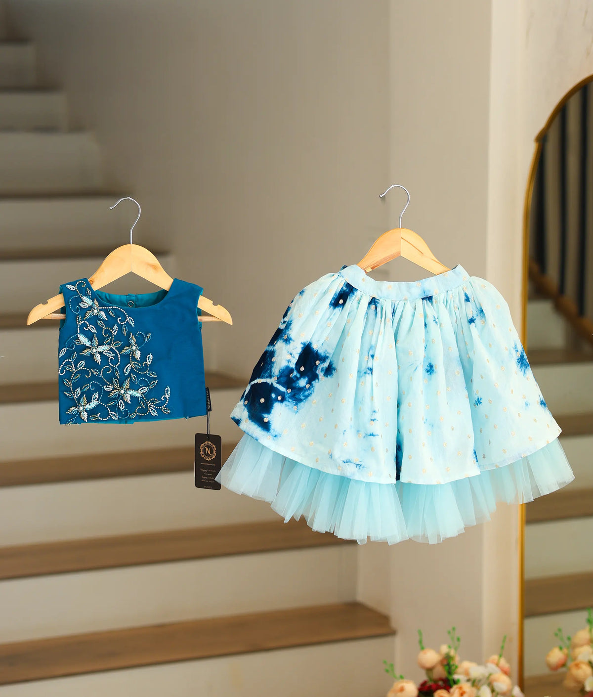 Peacock Blue Handworked Crop Top With Full Length Skirt For Baby Girl [2042]
