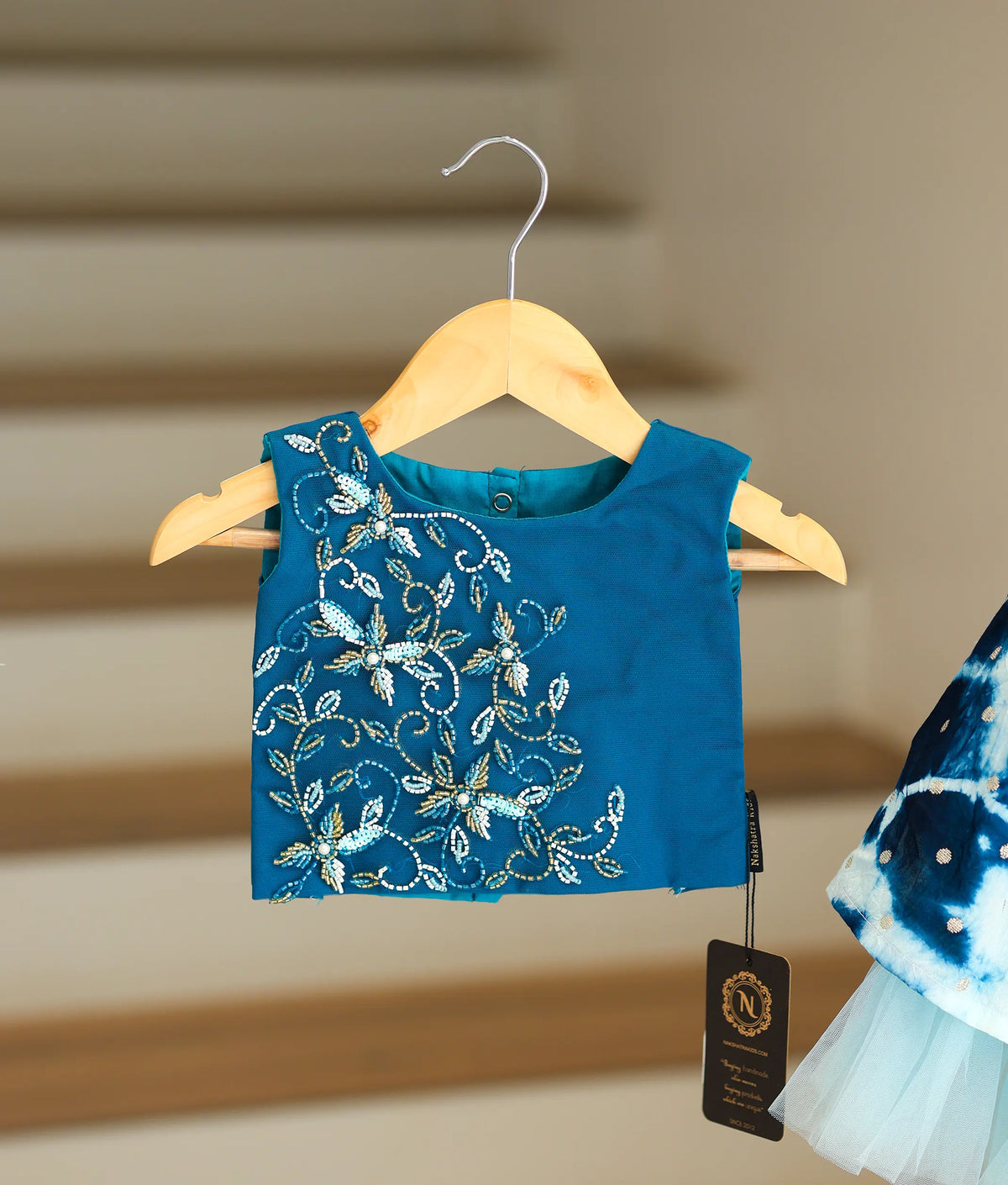 Peacock Blue Handworked Crop Top With Full Length Skirt For Baby Girl [2042]