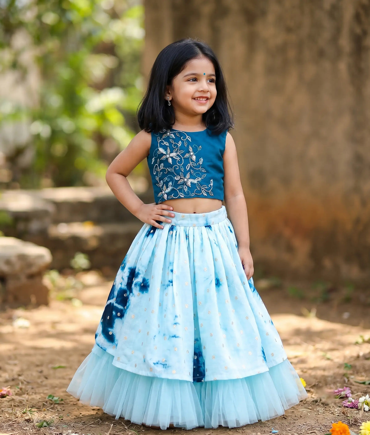 Peacock Blue Handworked Crop Top With Full Length Skirt For Baby Girl [2042]