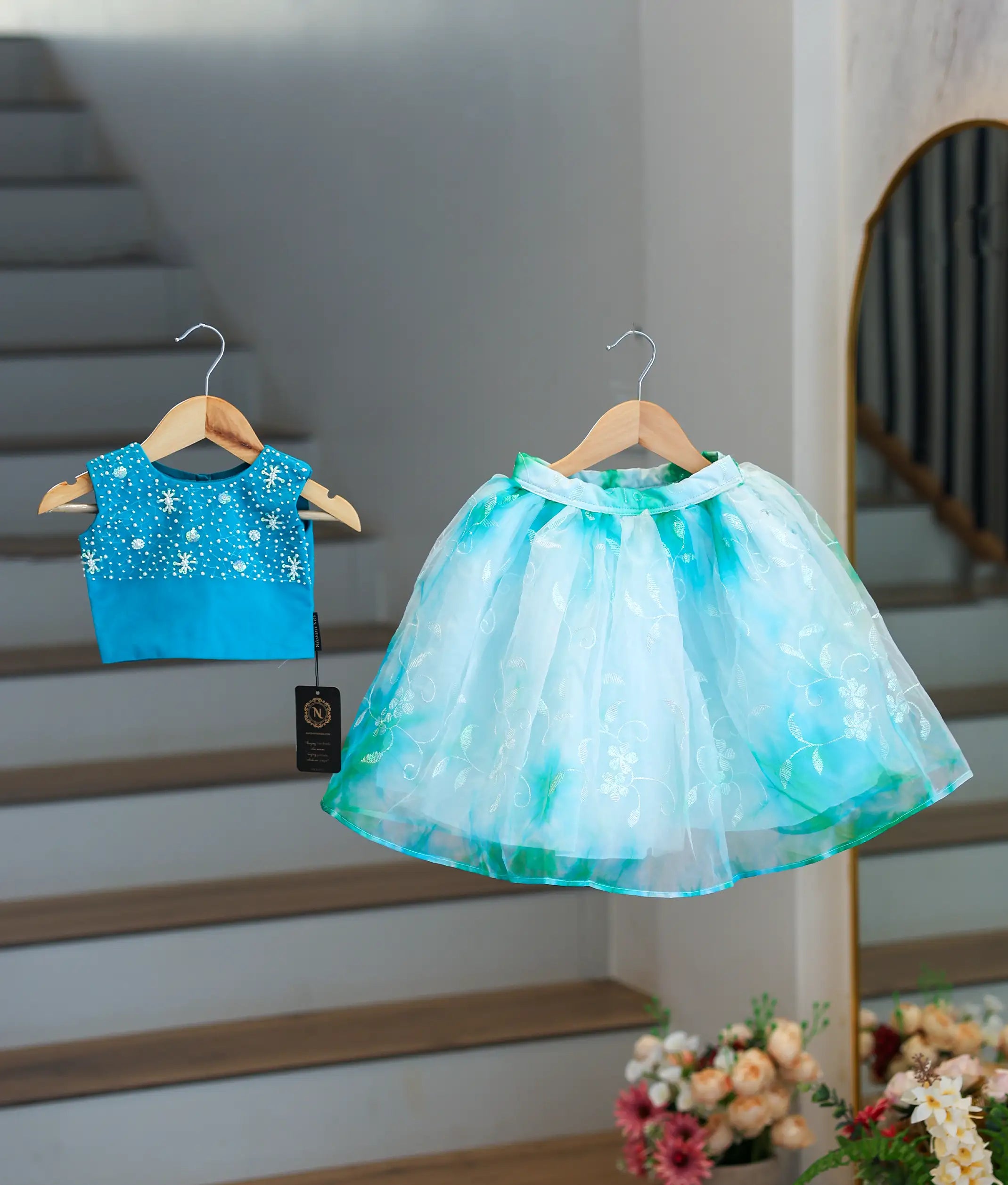 Ocean blue Handworked Crop Top With Full Length Skirt For Baby Girl [2046]