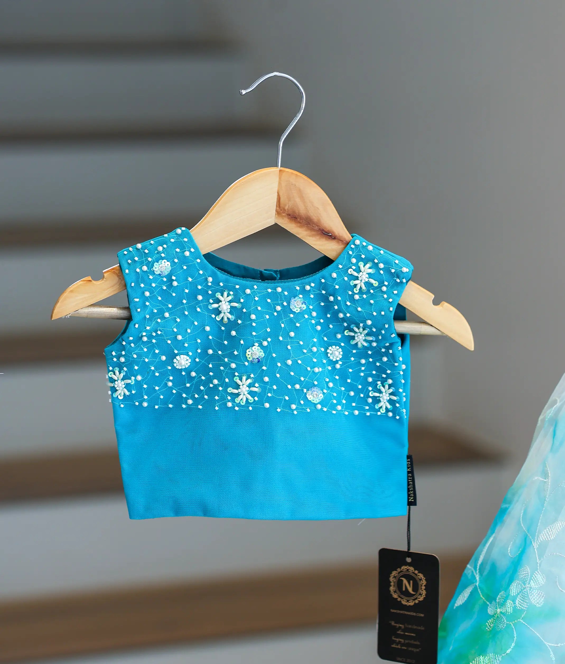 Ocean blue Handworked Crop Top With Full Length Skirt For Baby Girl [2046]
