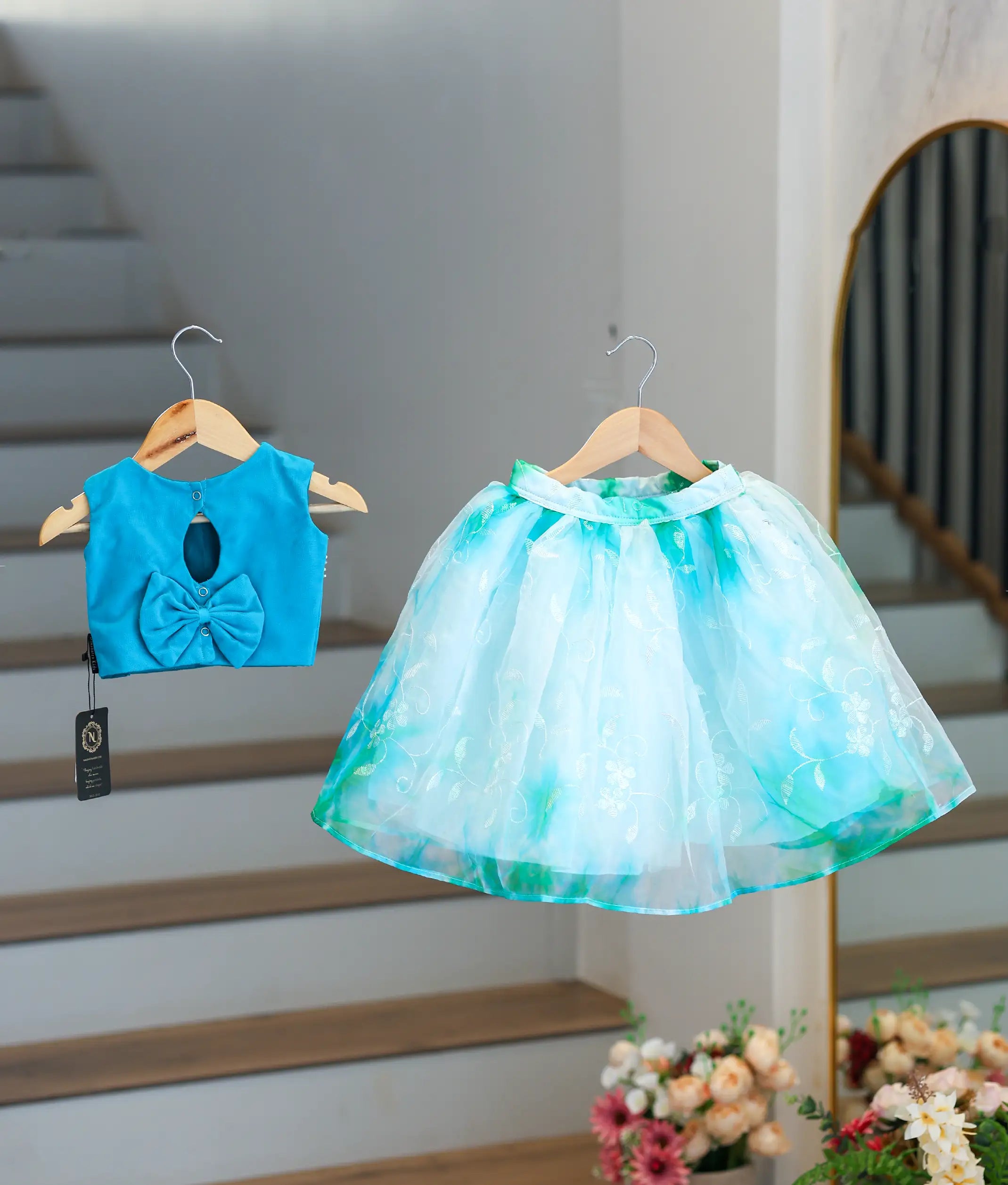 Ocean blue Handworked Crop Top With Full Length Skirt For Baby Girl [2046]