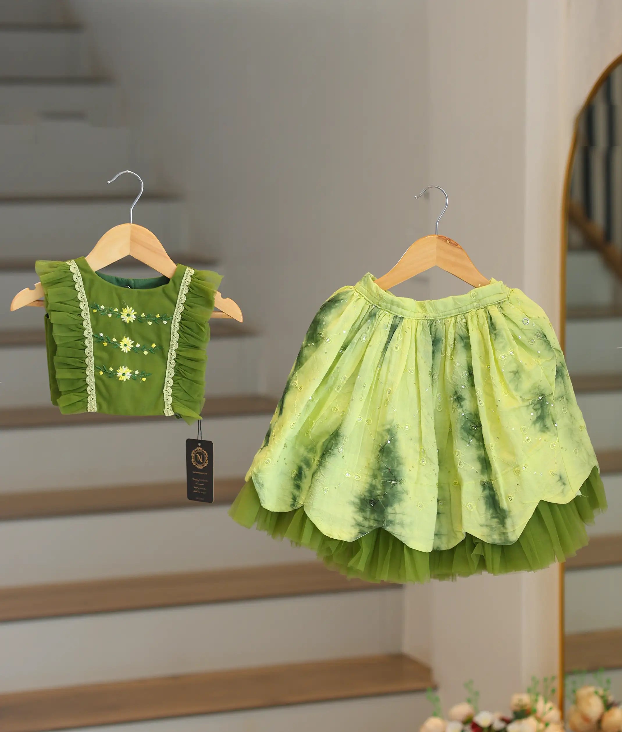 Olive Green Embroidery Top With Chanderi Full Length Skirt For Baby Girl [2048]