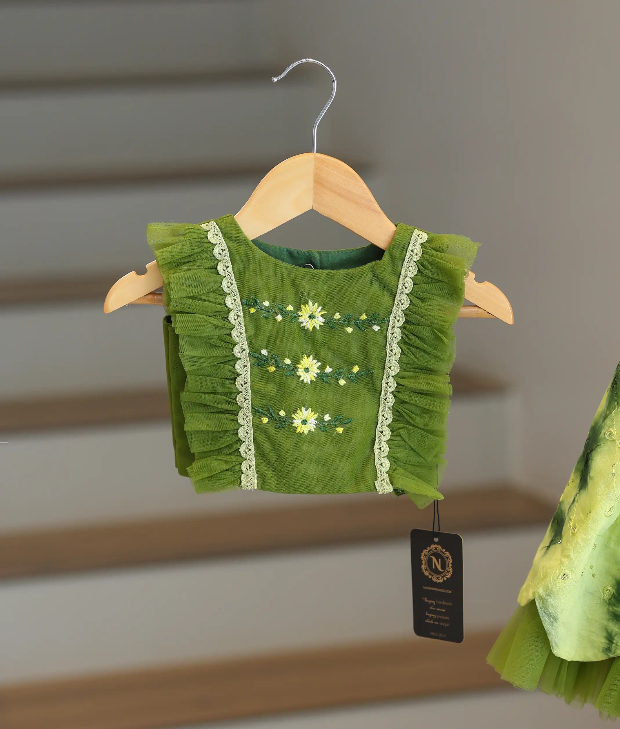 Olive Green Embroidery Top With Chanderi Full Length Skirt For Baby Girl [2048]