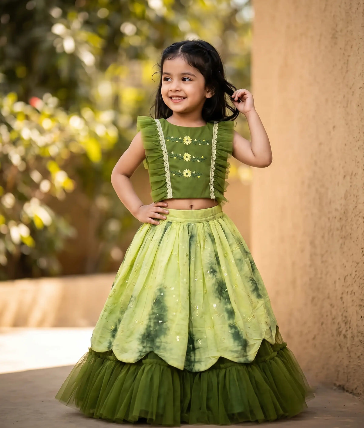 Olive Green Embroidery Top With Chanderi Full Length Skirt For Baby Girl [2048]