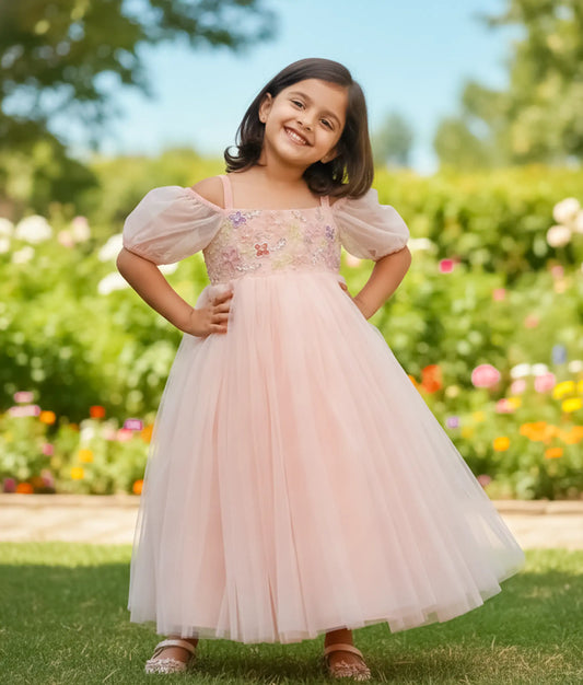 Pastel Peach Tulle Net Handworked Off-The-Shoulder Birthday Gown For Baby Girl [Ready To Ship: 2075]