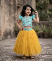 Blue Tulle Net Handworked Crop Top With Yellow Full Length Skirt For Baby Girl [2078]