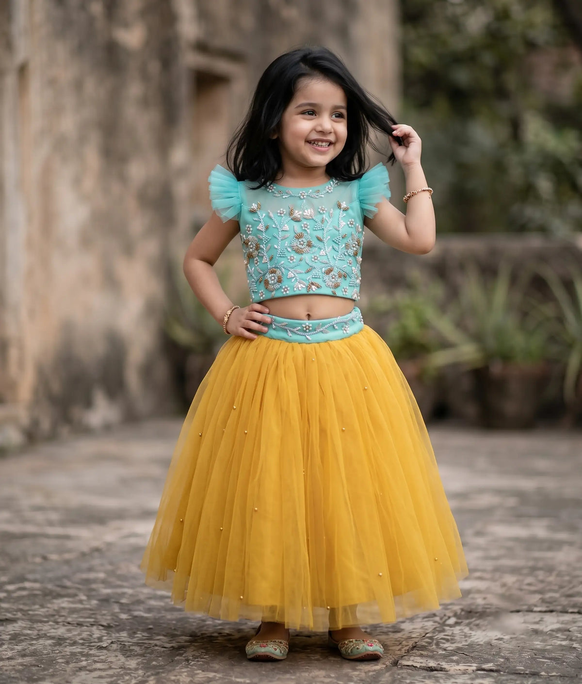 Blue Tulle Net Handworked Crop Top With Yellow Full Length Skirt For Baby Girl [2078]