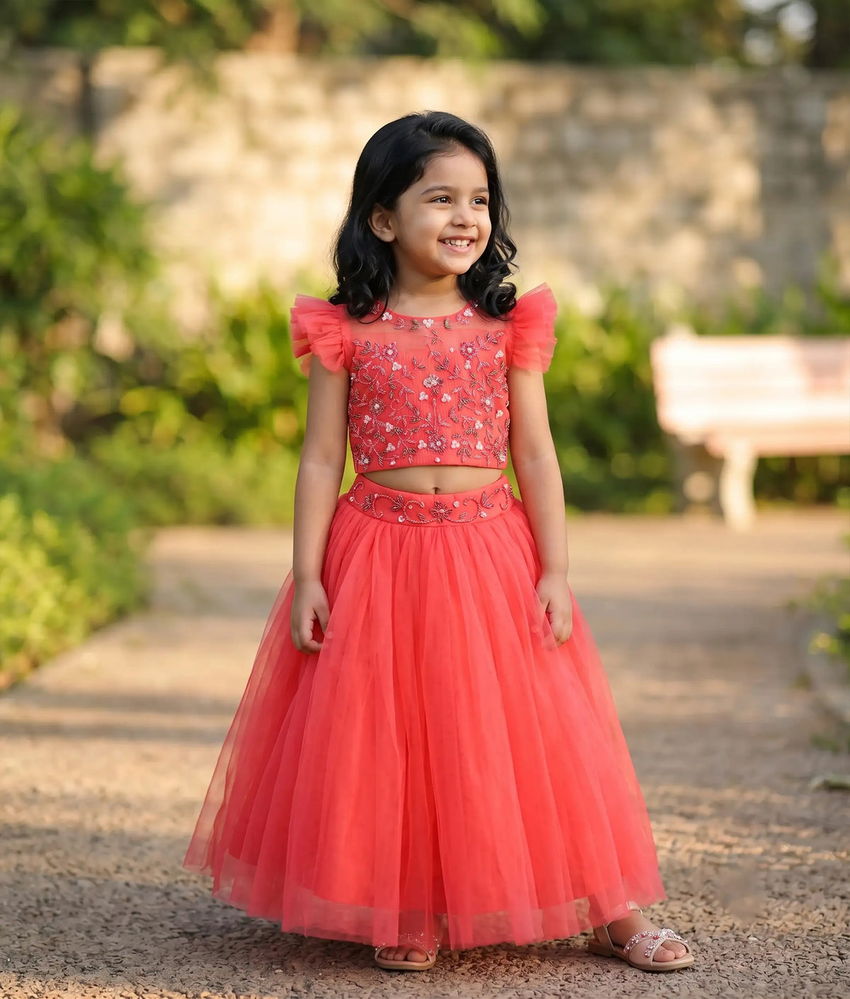 Pink Handwork Crop Top with Full Length skirt For Baby Girl (2079]