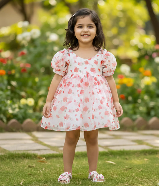 Off-white Printed Organza Christmas Frock For Baby Girl [Ready to ship: 2083]