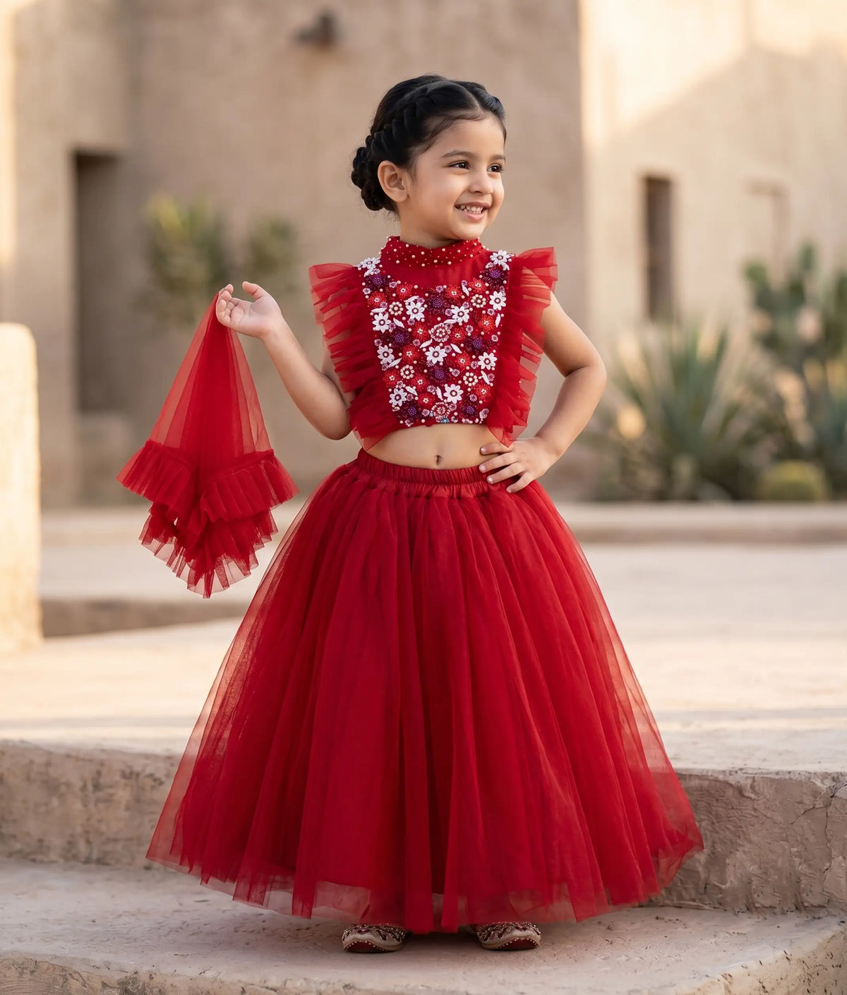 Red Tulle Net Handworked Skirt and Top For Baby Girl [2107]