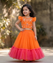 Orange Tulle Net Handworked Crop Top With Full Length Skirt For Baby Girl [2108A]