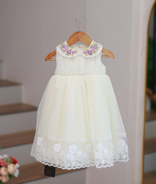 Off-white Tulle Net Handworked Baptism Frock For Baby Baptism [Ready To Ship: 2114A]