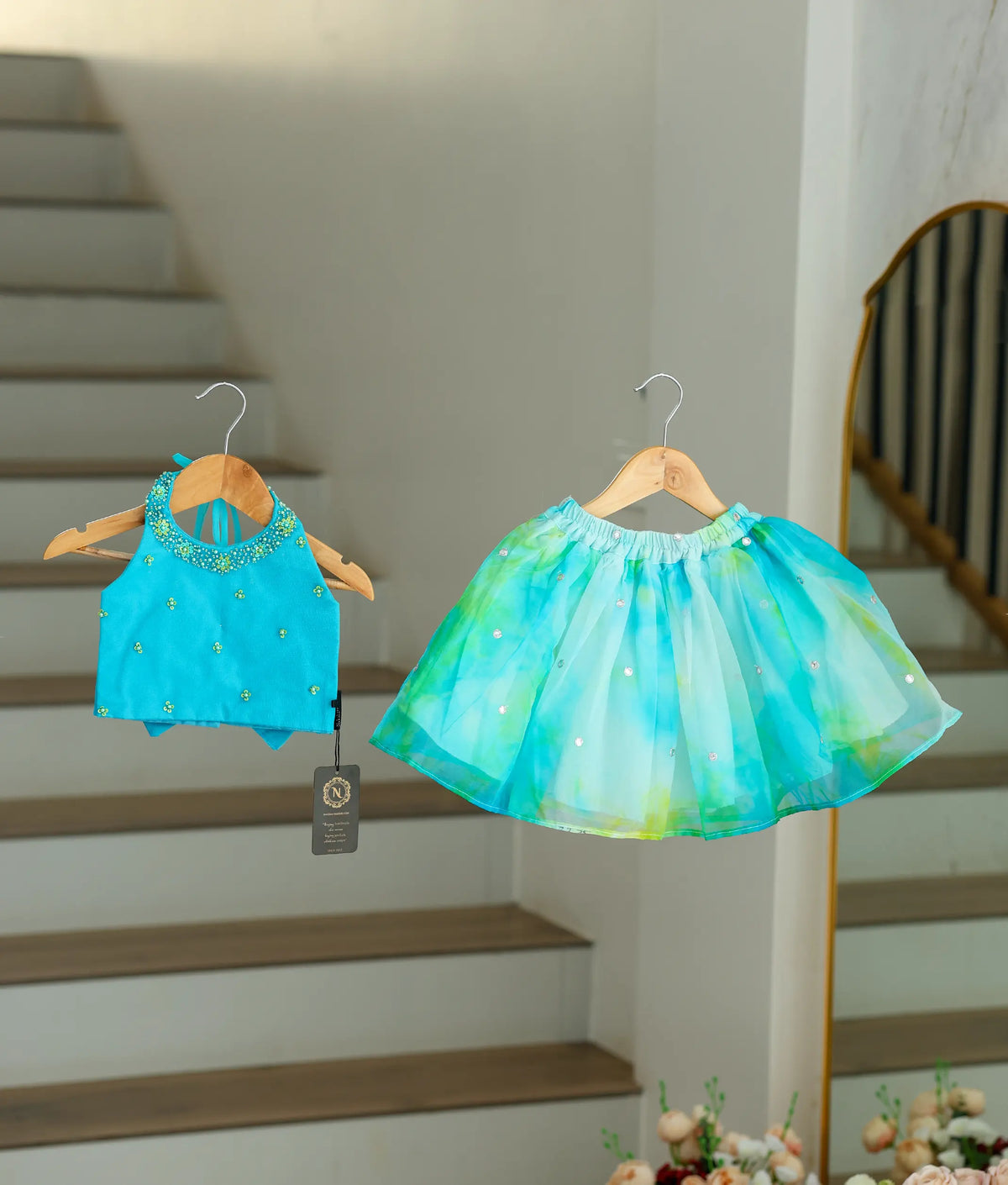 Ocean Blue Crop Top with Organza Skirt for Baby girl [2138]
