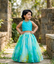 Ocean Blue Crop Top with Organza Skirt for Baby girl [2138]