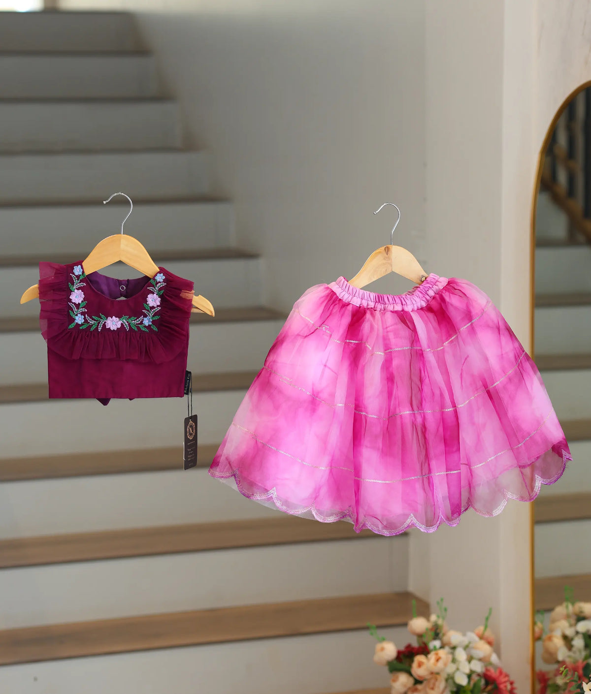 Grapewine Embroidery   Crop Top with Full Length Organza Skirt For Pongal [2139]
