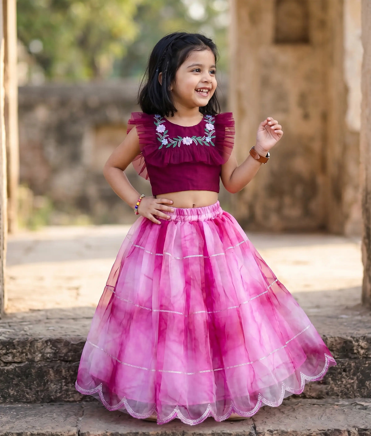 Grapewine Embroidery   Crop Top with Full Length Organza Skirt For Pongal [2139]