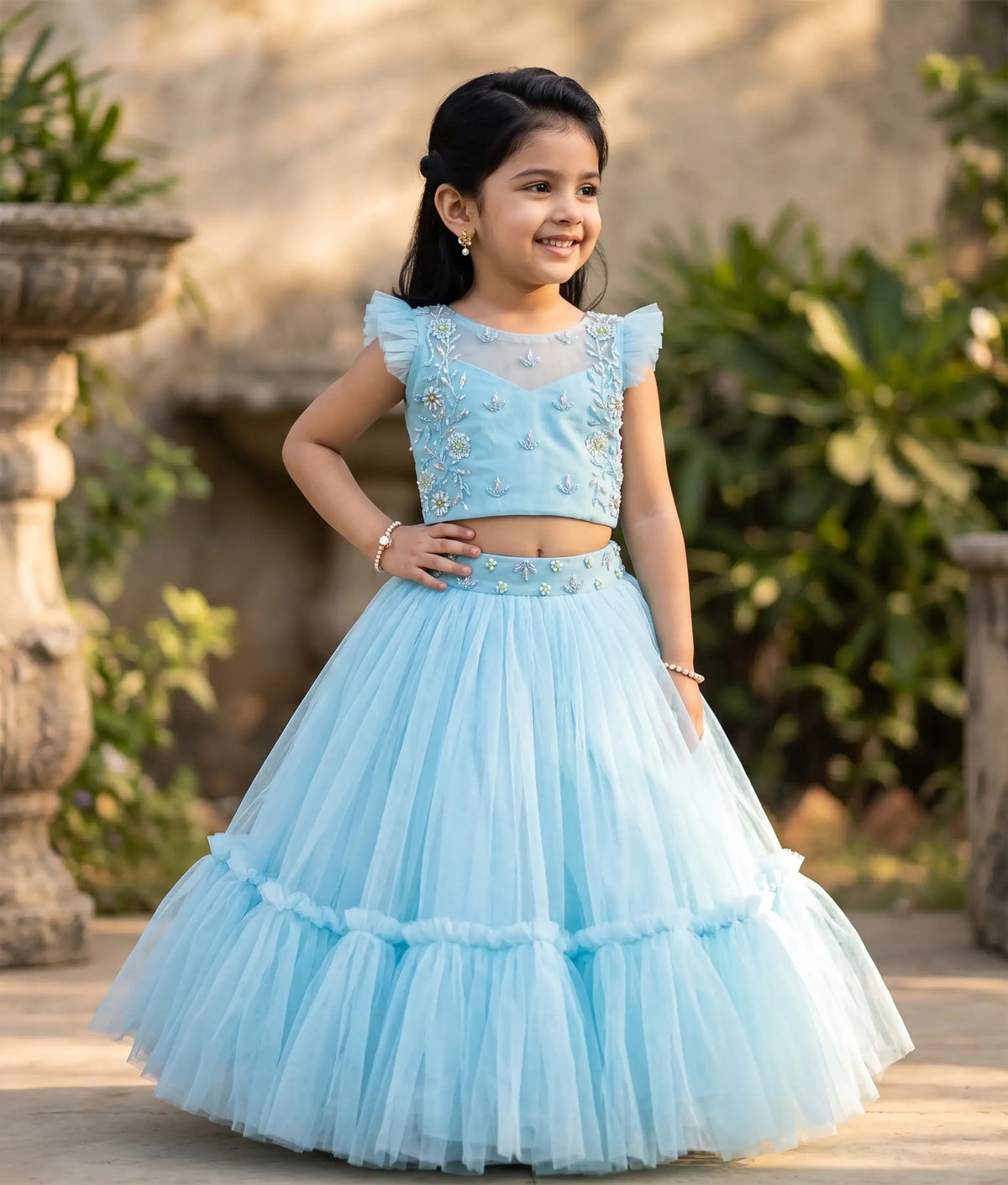Blue Tulle Net Handworked Crop Top With Full Length Skirt For Baby Girl [2145]