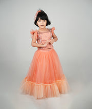 A baby girl wearing a peach tulle net handworked skirt and top with floral embroidery and ruffled embellishments.