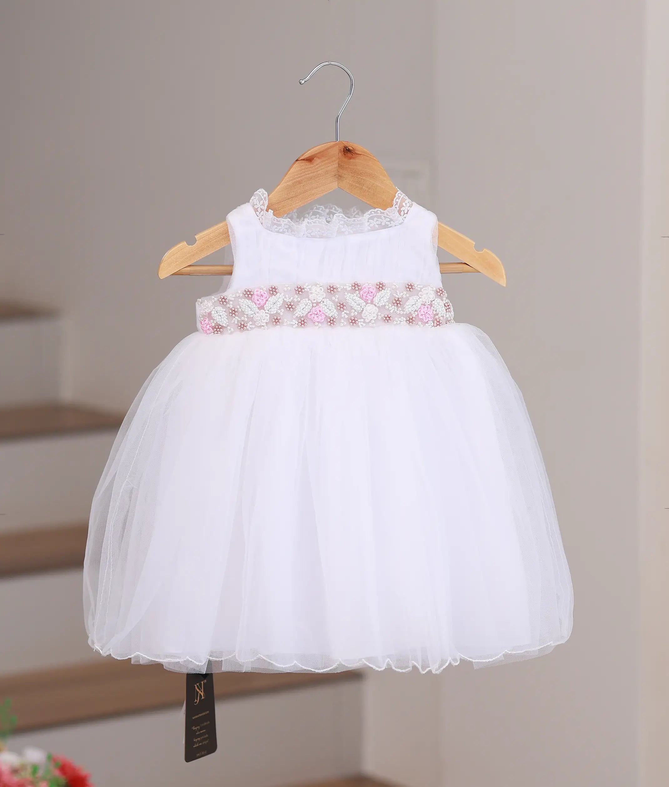 White Tulle Net Handworked Baptism Frock For Baby Girl [Ready To Ship: 2167A]