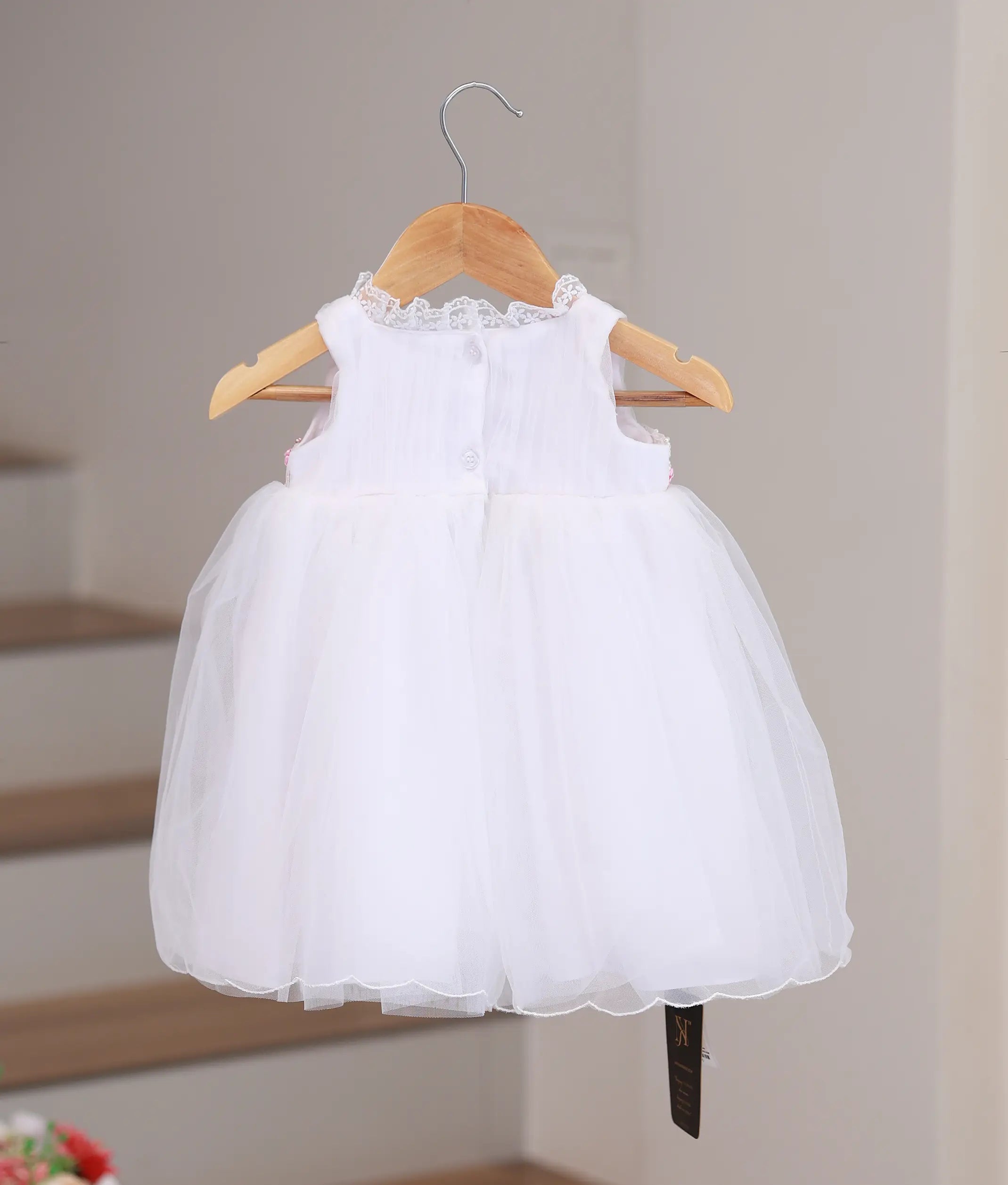 White Tulle Net Handworked Baptism Frock For Baby Girl [2167A]
