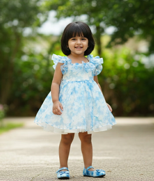 Off-White and Blue Shade Casual Organza Frock for Baby Girl [Ready To Ship: 2182]