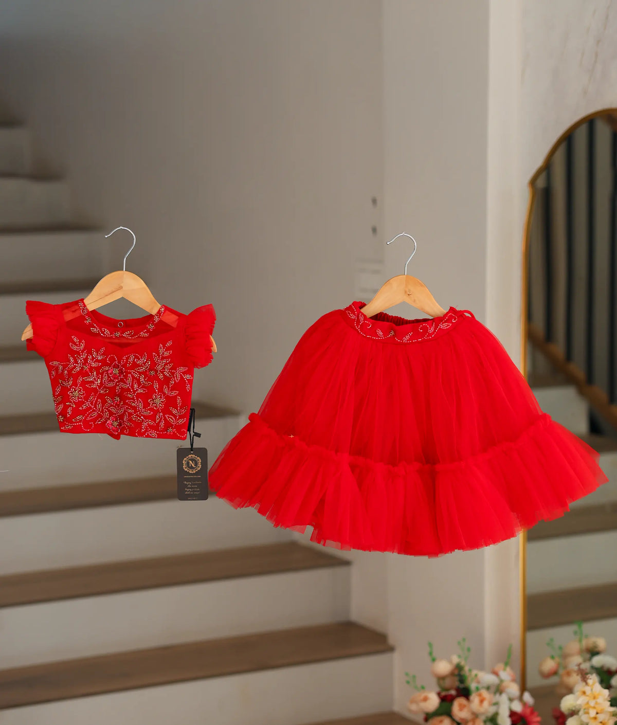 Red Tulle Net Handworked Crop Top With Full Length Skirt For Baby Girl [2199]