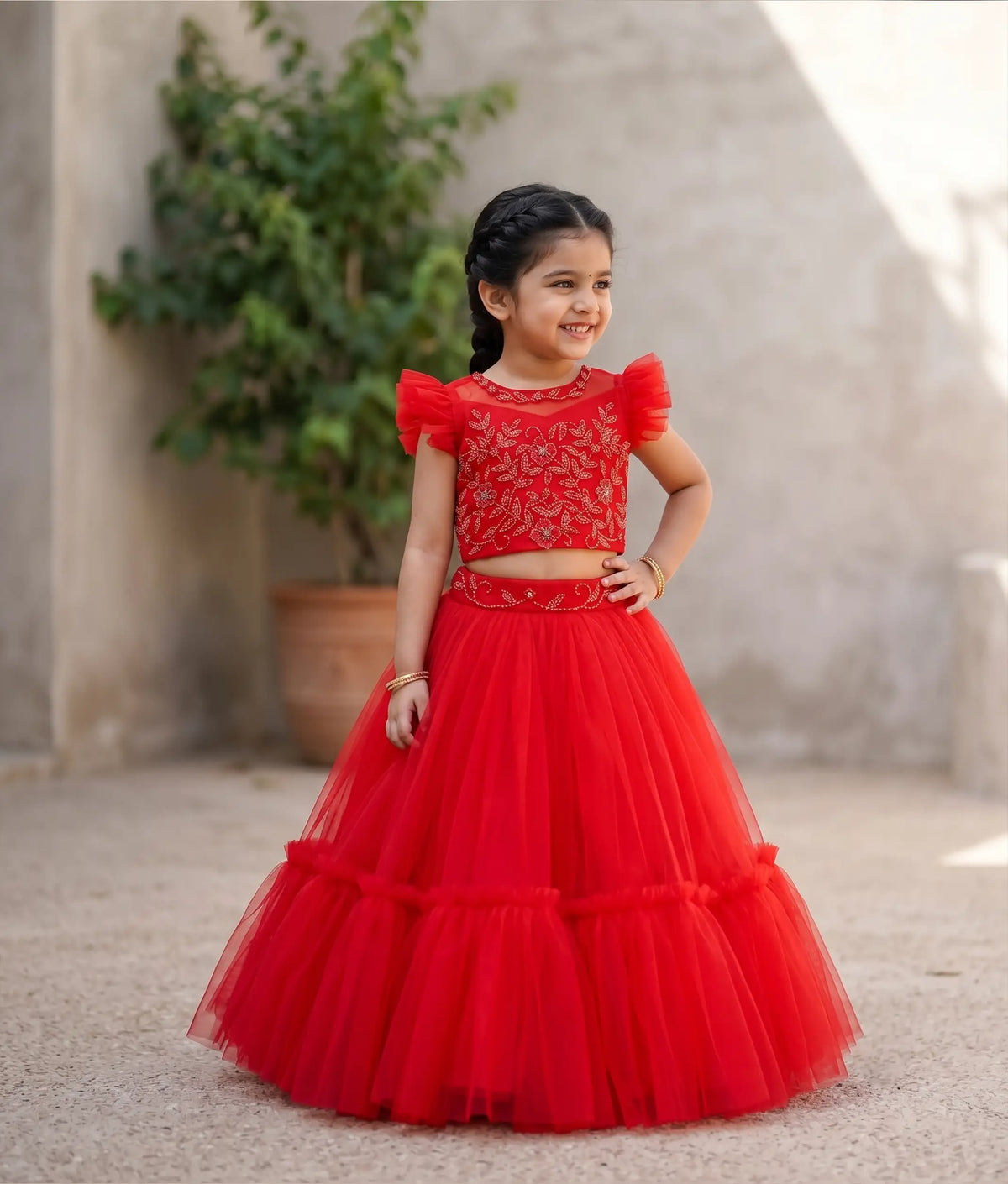 Red Tulle Net Handworked Crop Top With Full Length Skirt For Baby Girl [2199]