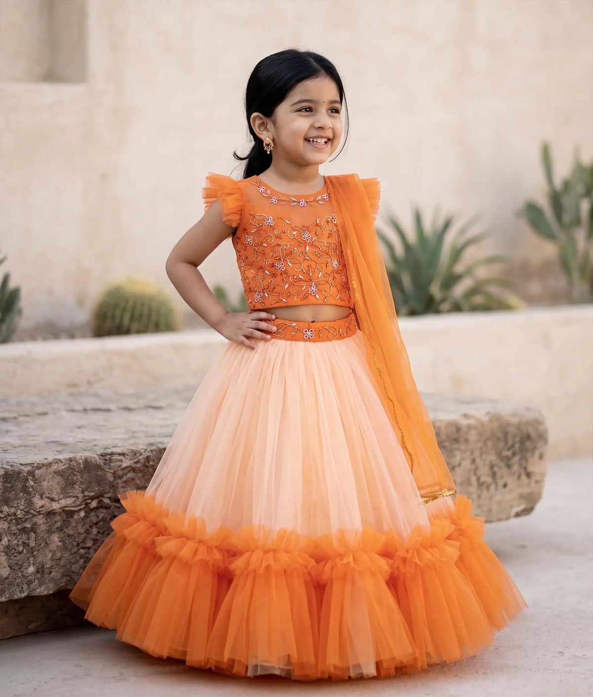 Orange Handworked Crop Top With Peach Skirt For Baby Girls [2200]