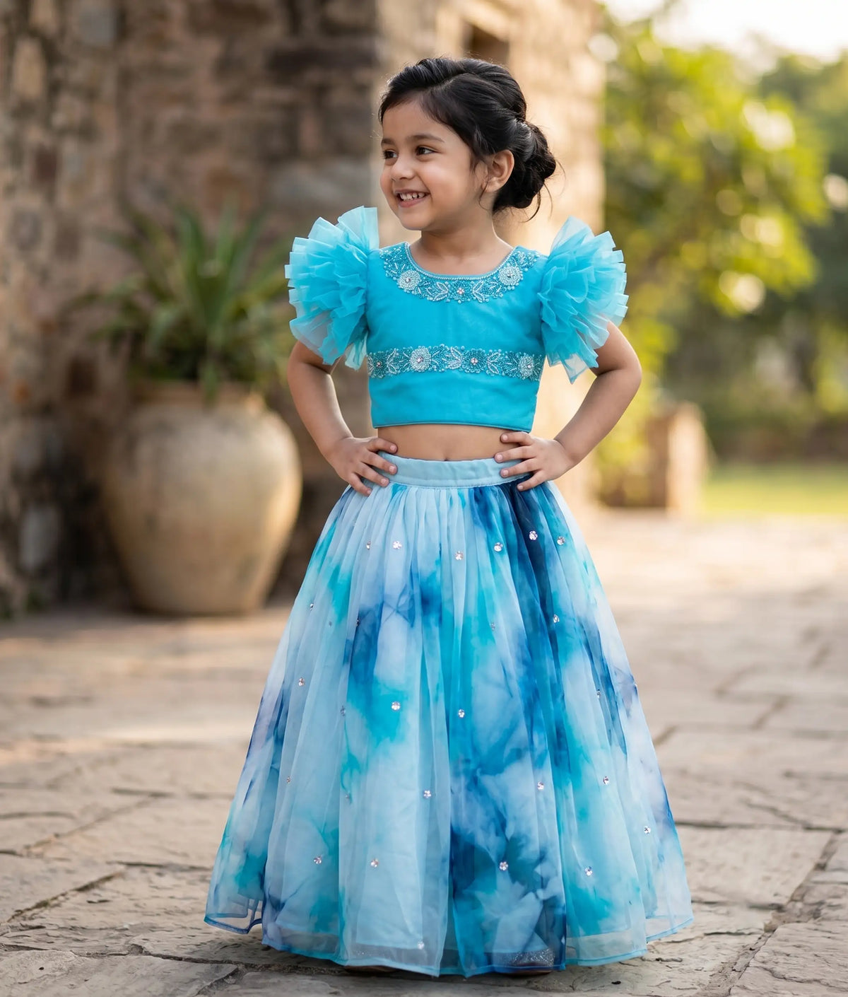 Blue Handworked Crop Top With Below knee Length Skirt For Baby Girl [2205]