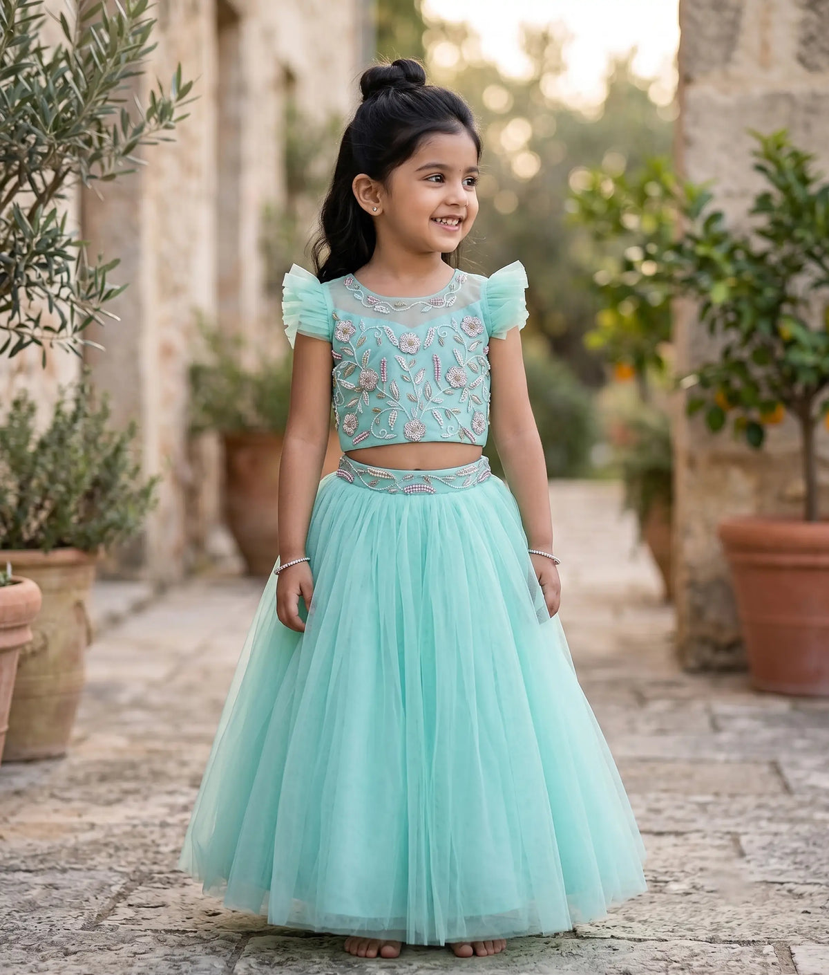 Ocean Green Handworked  Crop Top With Full Length Skirt For Baby Girl [2239]