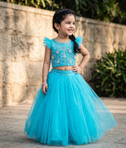 Ocean Blue Handwork  Crop Top With Full Length Skirt For Baby Girl [2240]